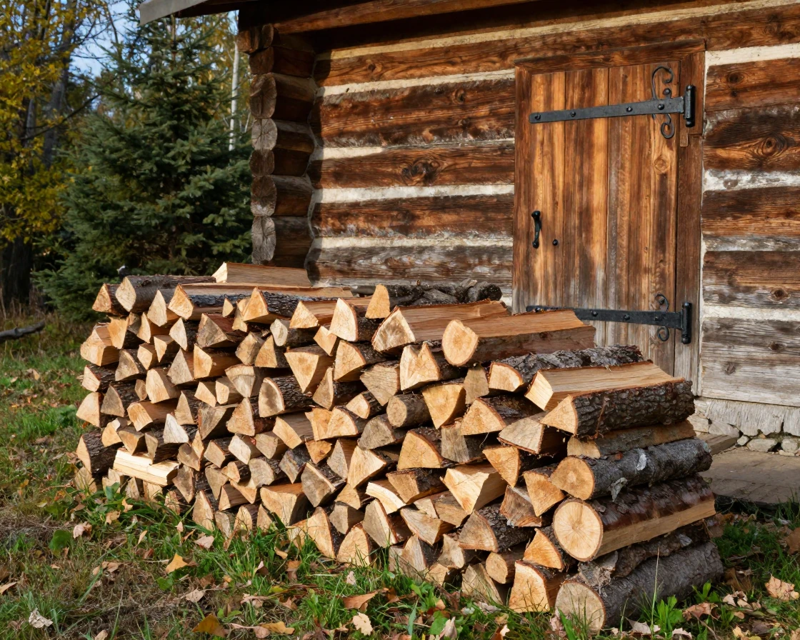A stack of firewood neatly piled beside a log cabin