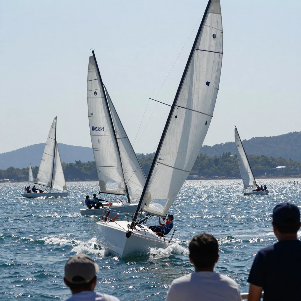 A sailboat leans hard into the wind during a regatta on a sparkling bay.