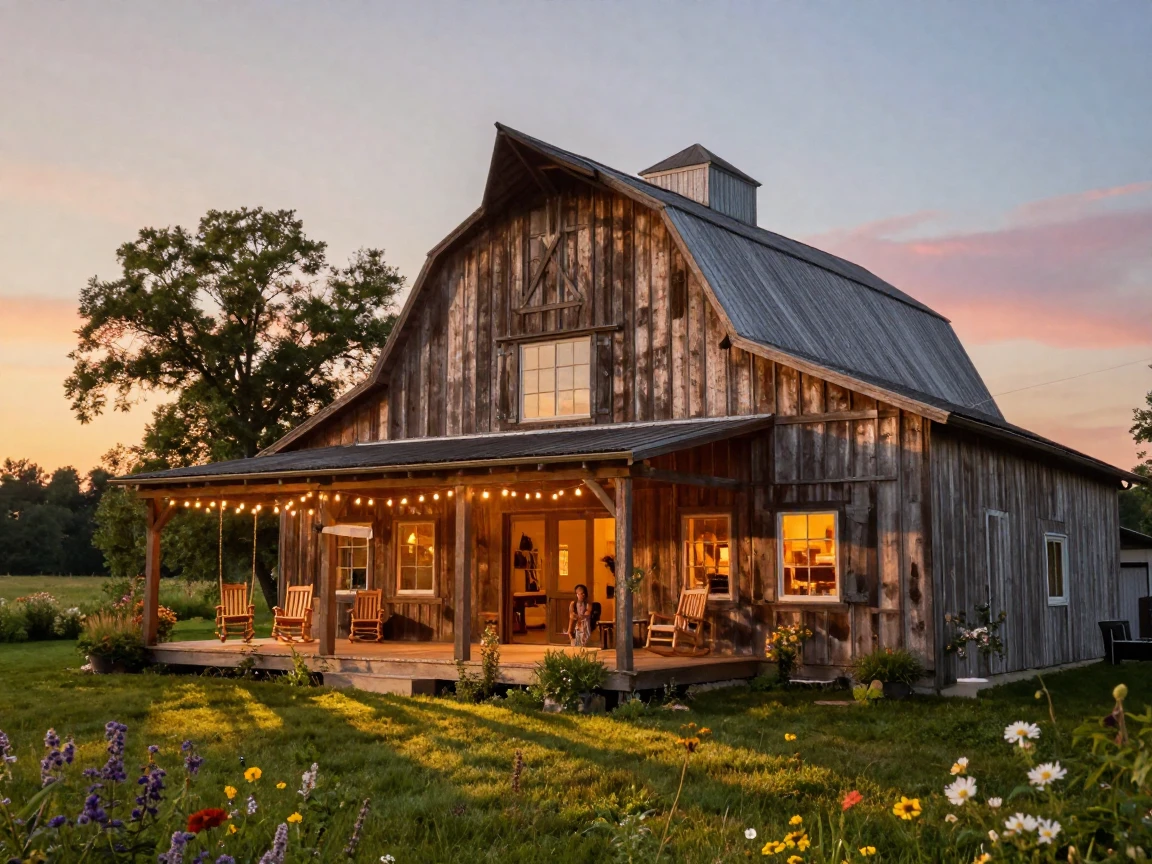 A rustic barn converted into a warm family home on a warm summer evening