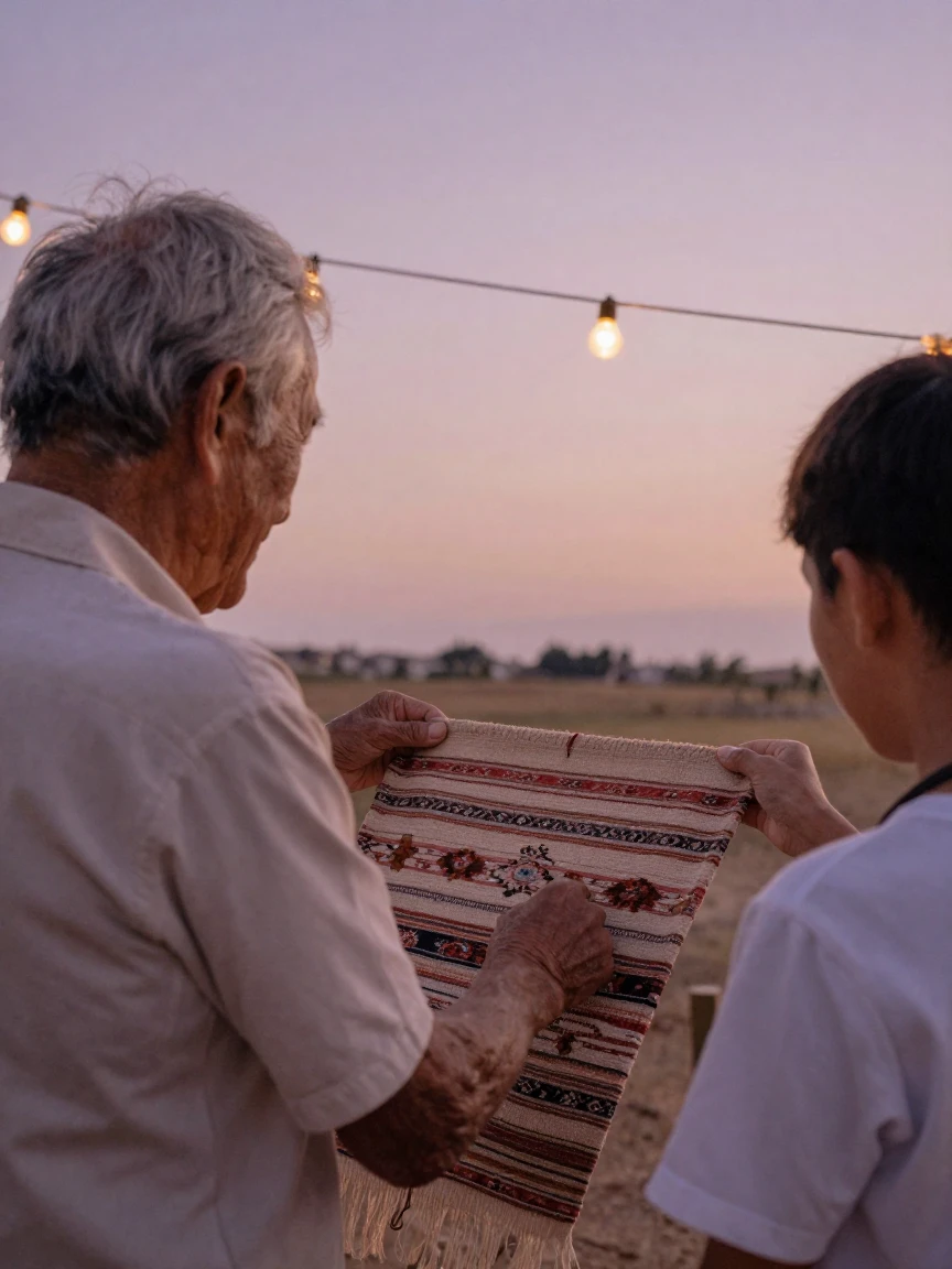 An elder passing down a handwoven textile to a younger generation, under strings of warm string lights, in crisp, dry air, in the height of summer, in dusty lavender and rose tones, from behind, looking toward the horizon.