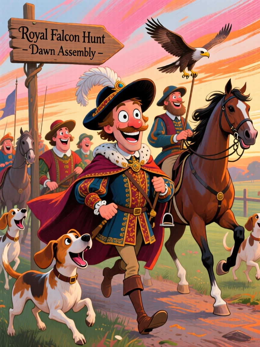 A royal falcon hunt setting out at dawn, hounds and horses eager beside the hunters.