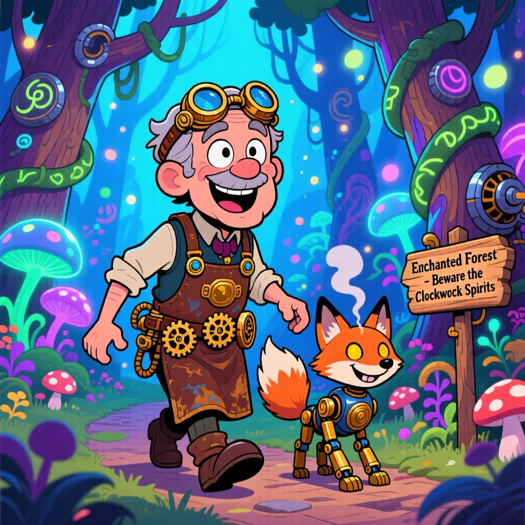 An imaginative fantasy scene of a steampunk inventor exploring a glowing enchanted forest, with a loyal companion creature close behind.