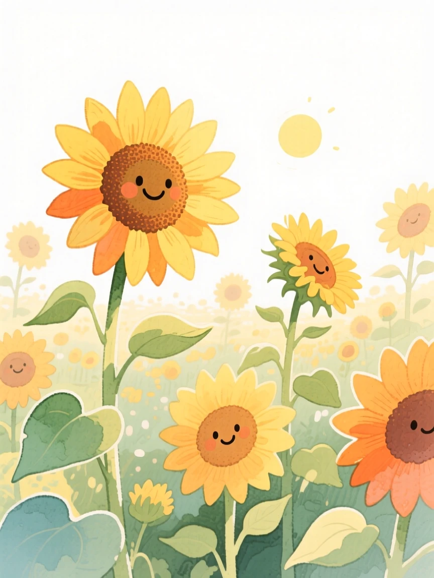 A serene landscape of a field of sunflowers turned toward the sun in soft morning light