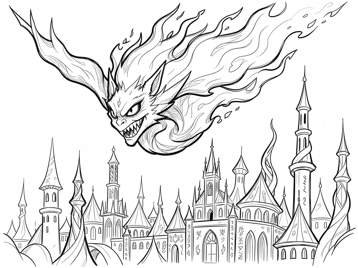 [Fantasy & Imaginative Scenarios] Imaginative fantasy scene of an ancient fire elemental soaring above an ancient enchanted city, brimming with wonder