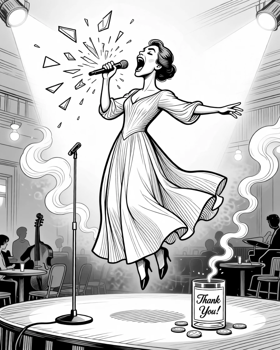 A opera singer hitting a note that shatters a nearby glass, hovering impossibly high above the stage floor, set in a dim, smoky jazz club. A tip jar sits nearby with a few scattered coins. It radiates the joy of losing yourself completely in sound.