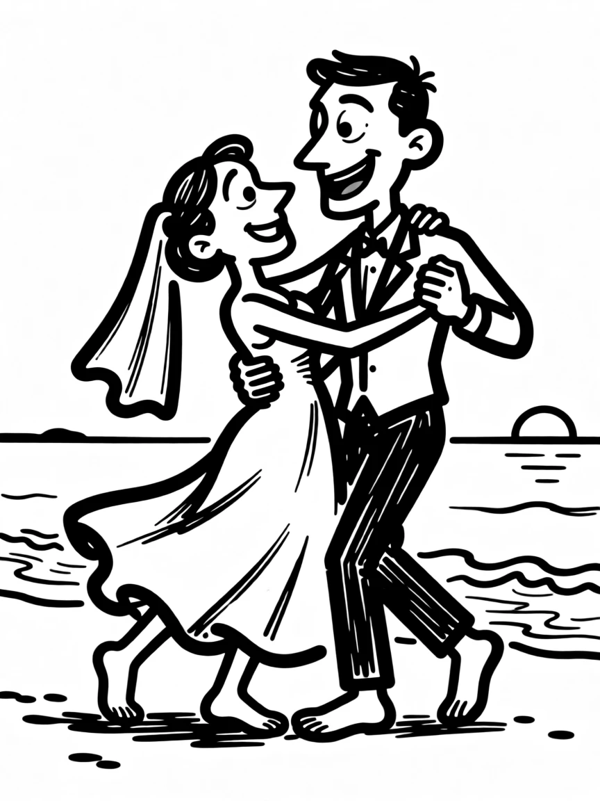 A newlywed couple slow dancing barefoot on the beach at sunset, waves lapping nearby.