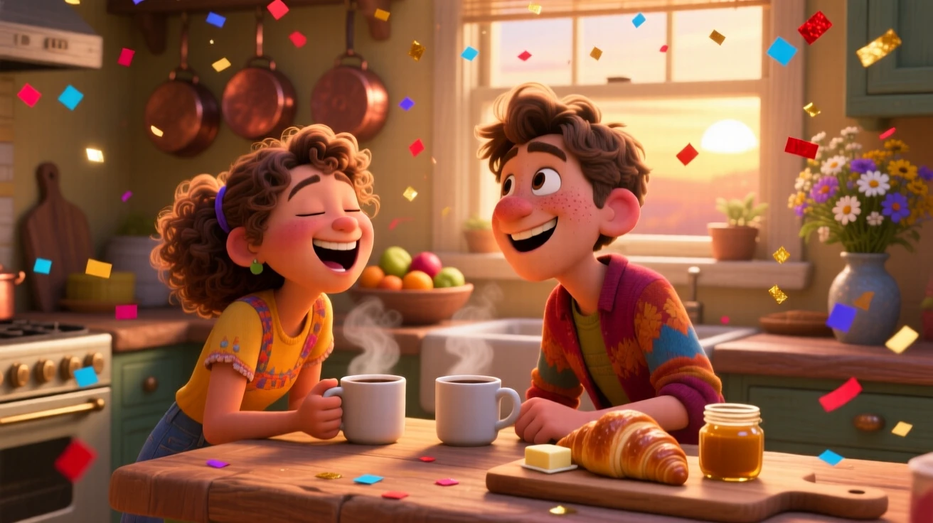 Two best friends sharing a laugh over coffee unfolds inside a warmly lit family kitchen, with confetti drifting through the air. The mood is triumphant, warm, and full of love.