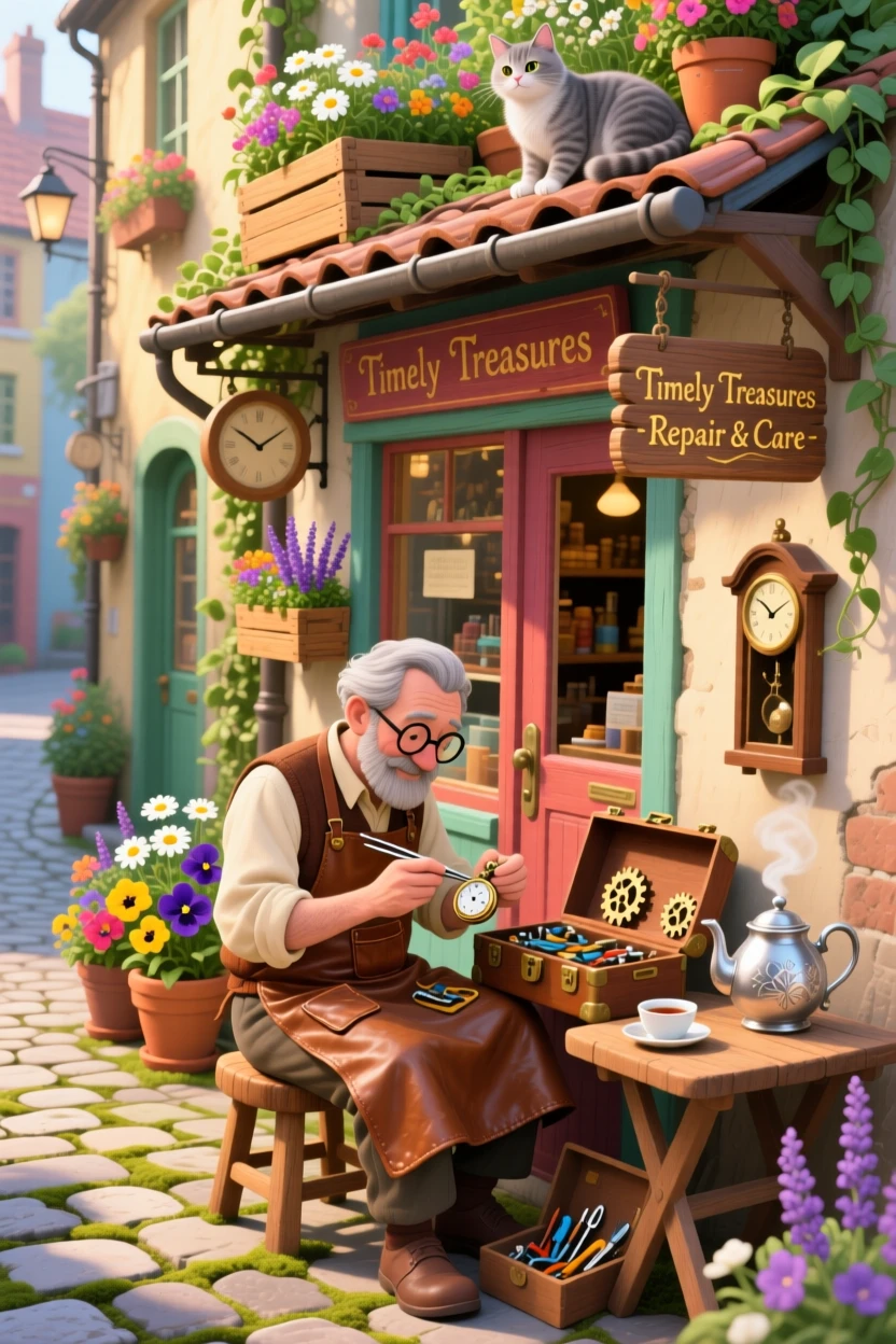 In a narrow alley lined with shops, a clockmaker fixing a tiny gear is busy tending a rooftop garden, as steam curls gently from a nearby teapot.