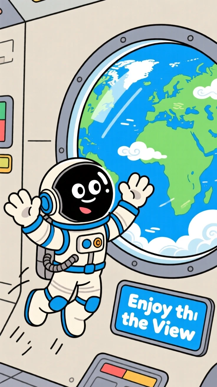 An astronaut floating weightlessly beside a window view of Earth.