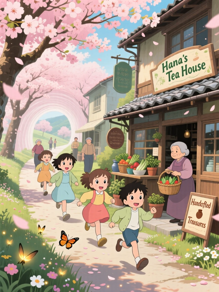 A spring scene of children running through a tunnel of blooming cherry trees, as townsfolk go about their day.