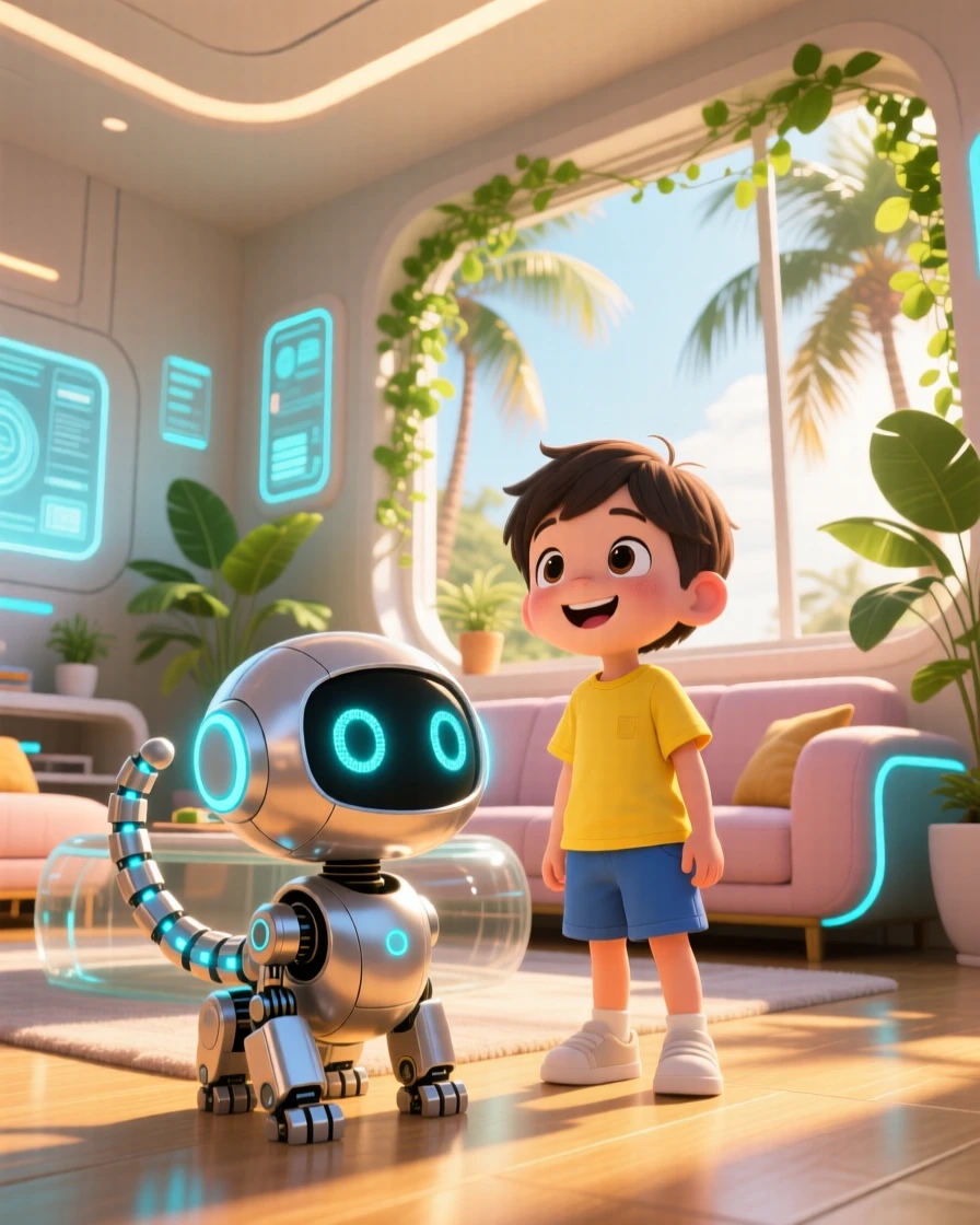 Low-angle shot looking up of a friendly robot pet, wagging a mechanical tail beside a child, in a cozy futuristic living room, on a warm tropical afternoon, illuminated by warm morning light filtering through leaves, radiating proud determination.