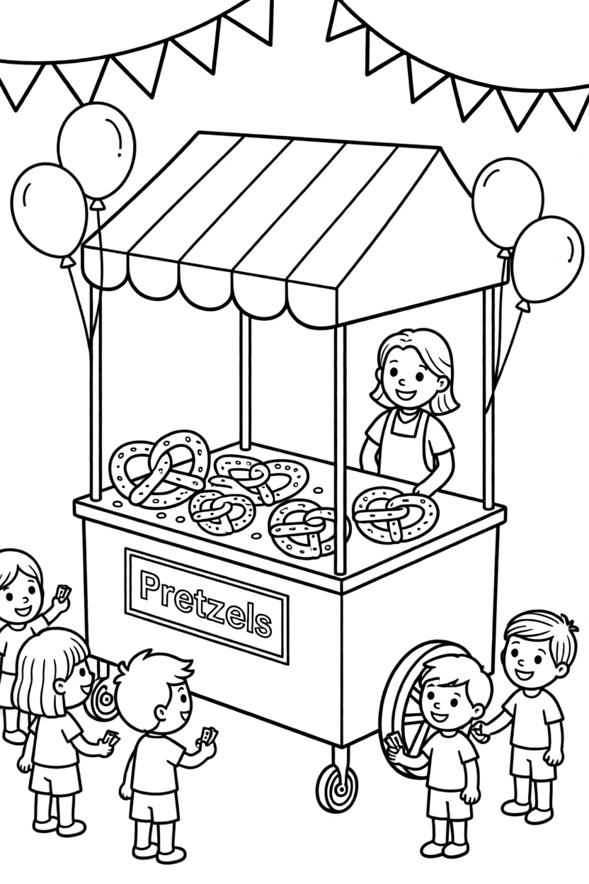 A pretzel cart at a fair with salty twisted pretzels