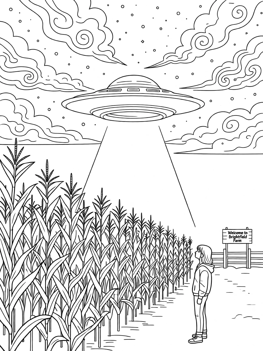 A UFO hovering above a quiet cornfield at night, with swirling clouds of cosmic dust in the background.