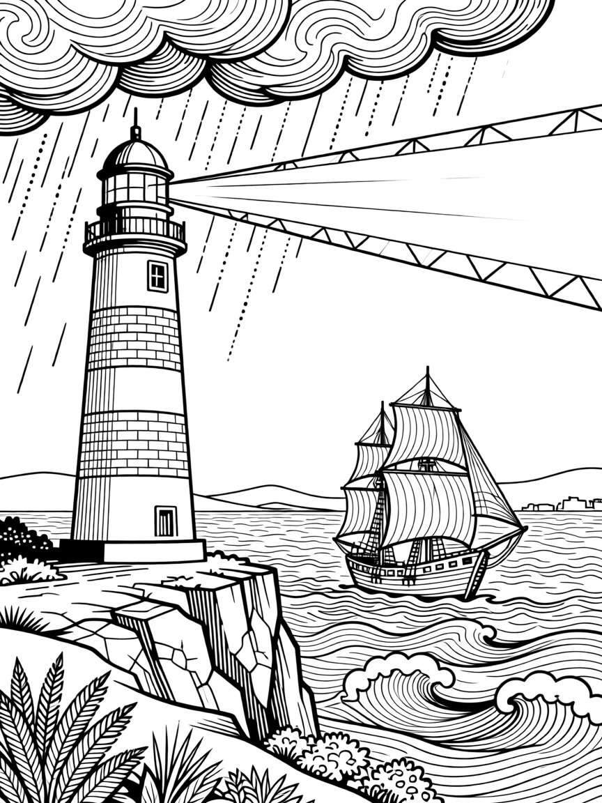 A lighthouse beam cutting through a stormy sea toward a distant ship.