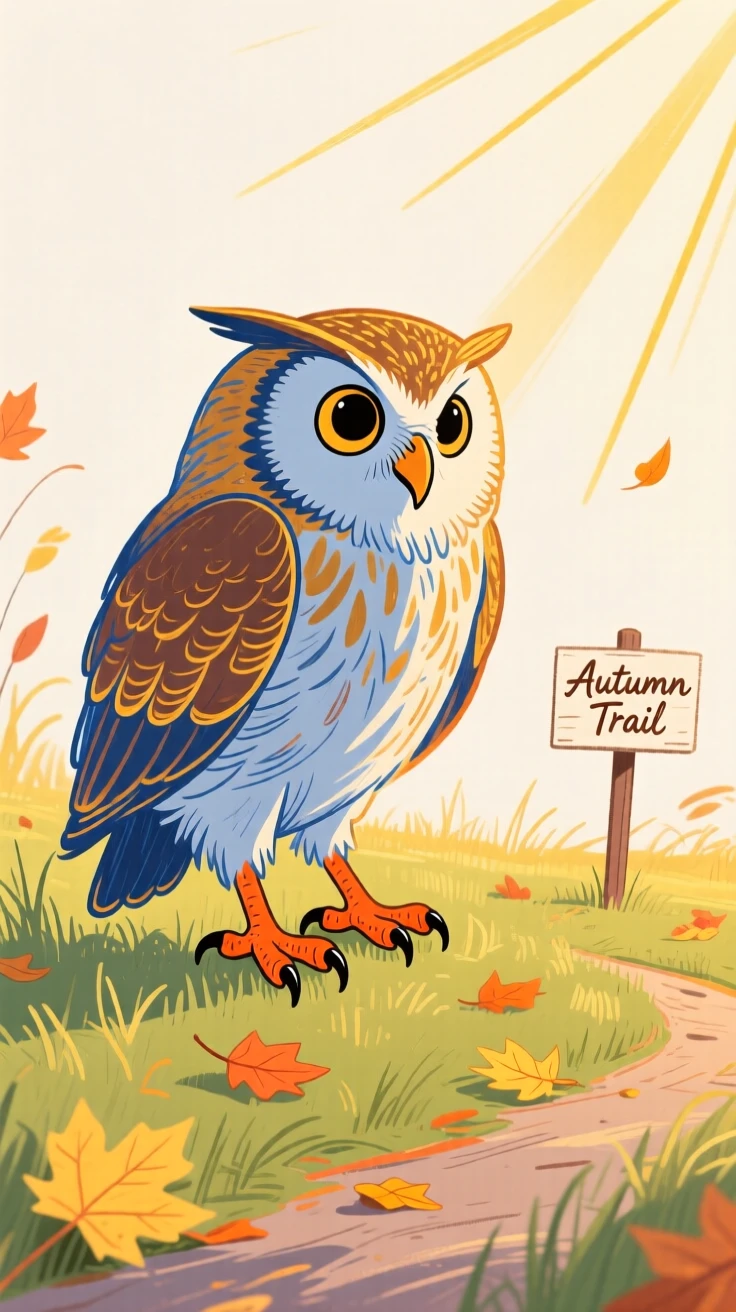 A wise old owl exploring in a sunlit meadow on a crisp autumn day.