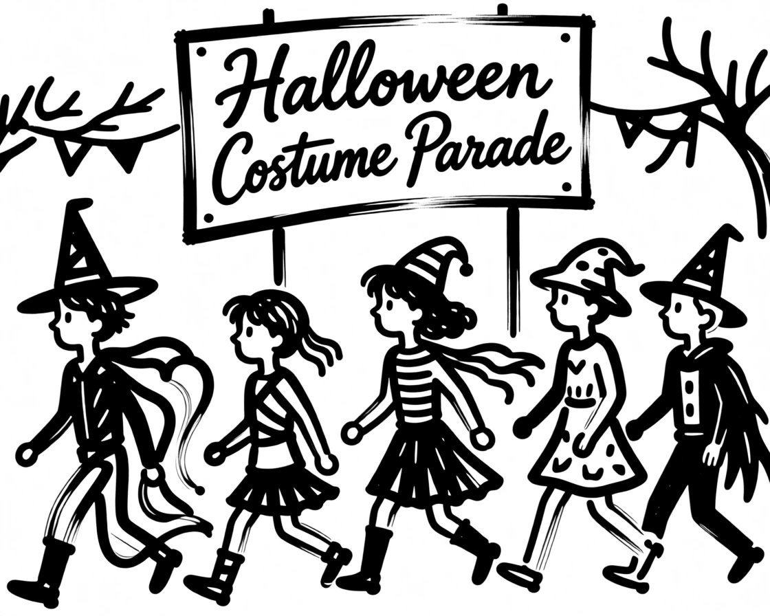 A Halloween costume parade with children in creative costumes.