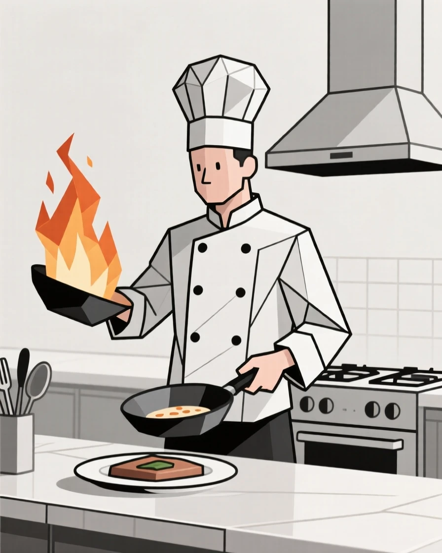 A chef flambéing a dish in a restaurant kitchen