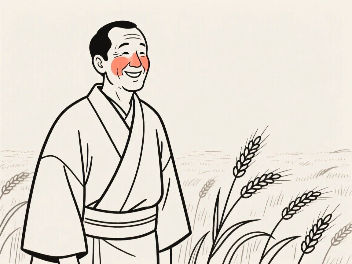 A man in his forties of Kenyan heritage wearing a traditional kimono, beaming with pride, in a wheat field at harvest.