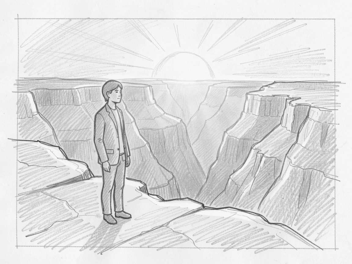 A serene, inspiring scene of a person standing at the edge of a vast canyon at sunrise, in complete stillness and silence, evoking deep calm and clarity.