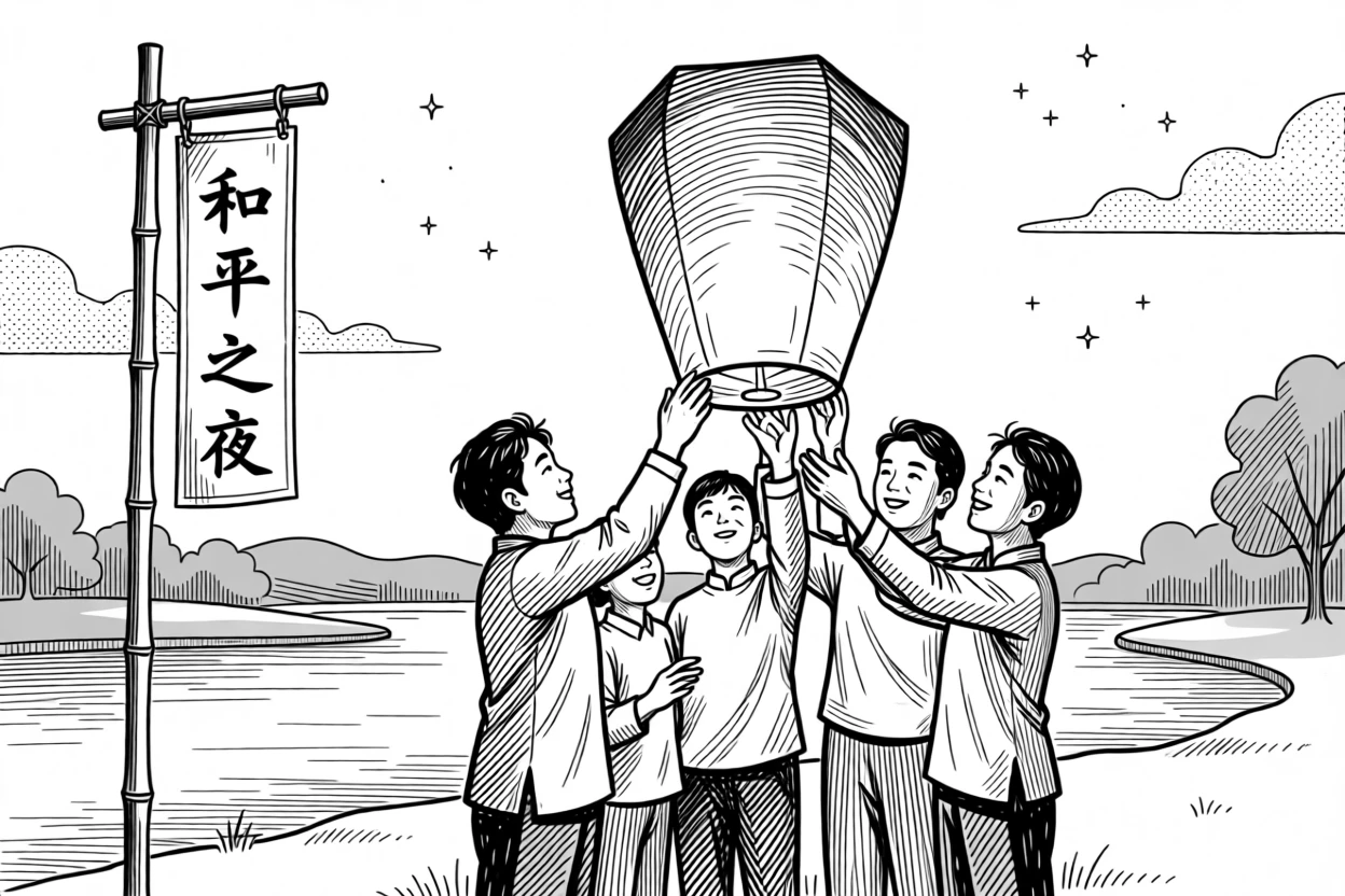A festive lantern release ceremony during a peaceful evening celebration.