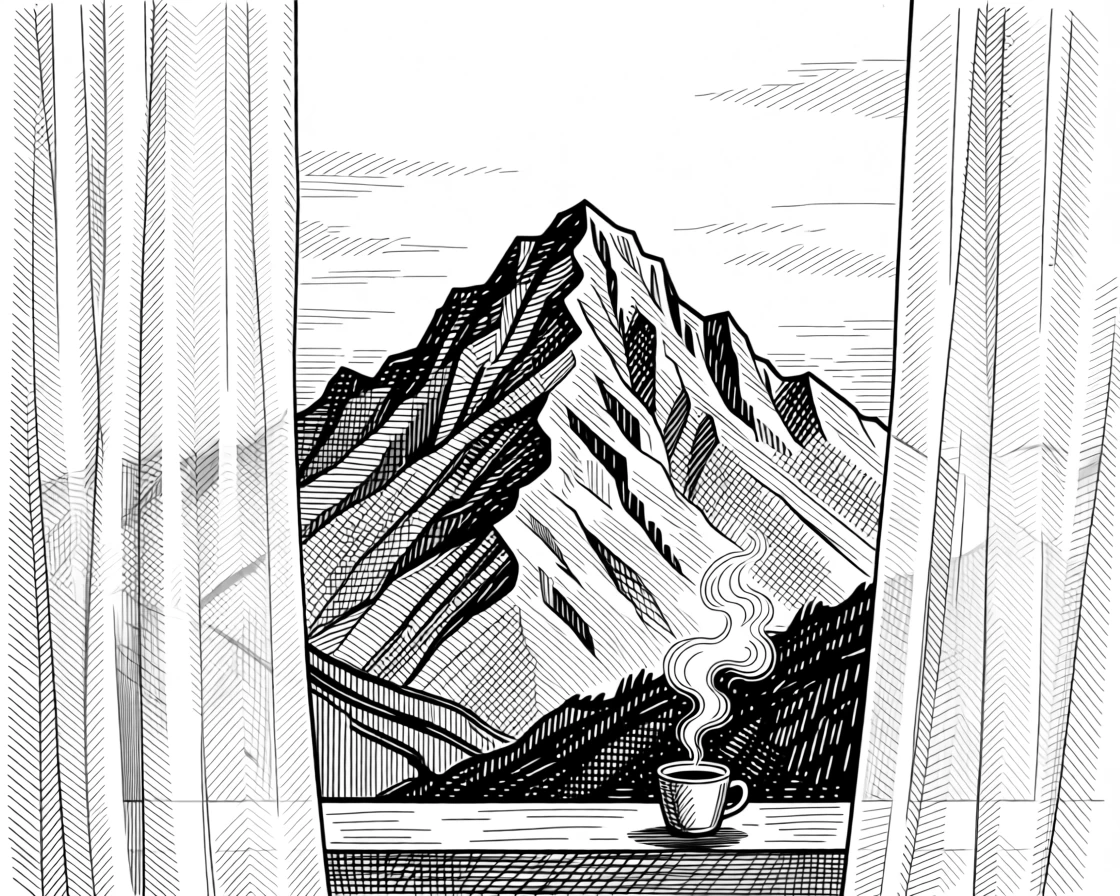 A mountain summit at sunrise with open sky ahead as morning light filters through gauzy curtains, with the gentle curl of steam from a warm drink, evoking a restfully serene sense of calm.