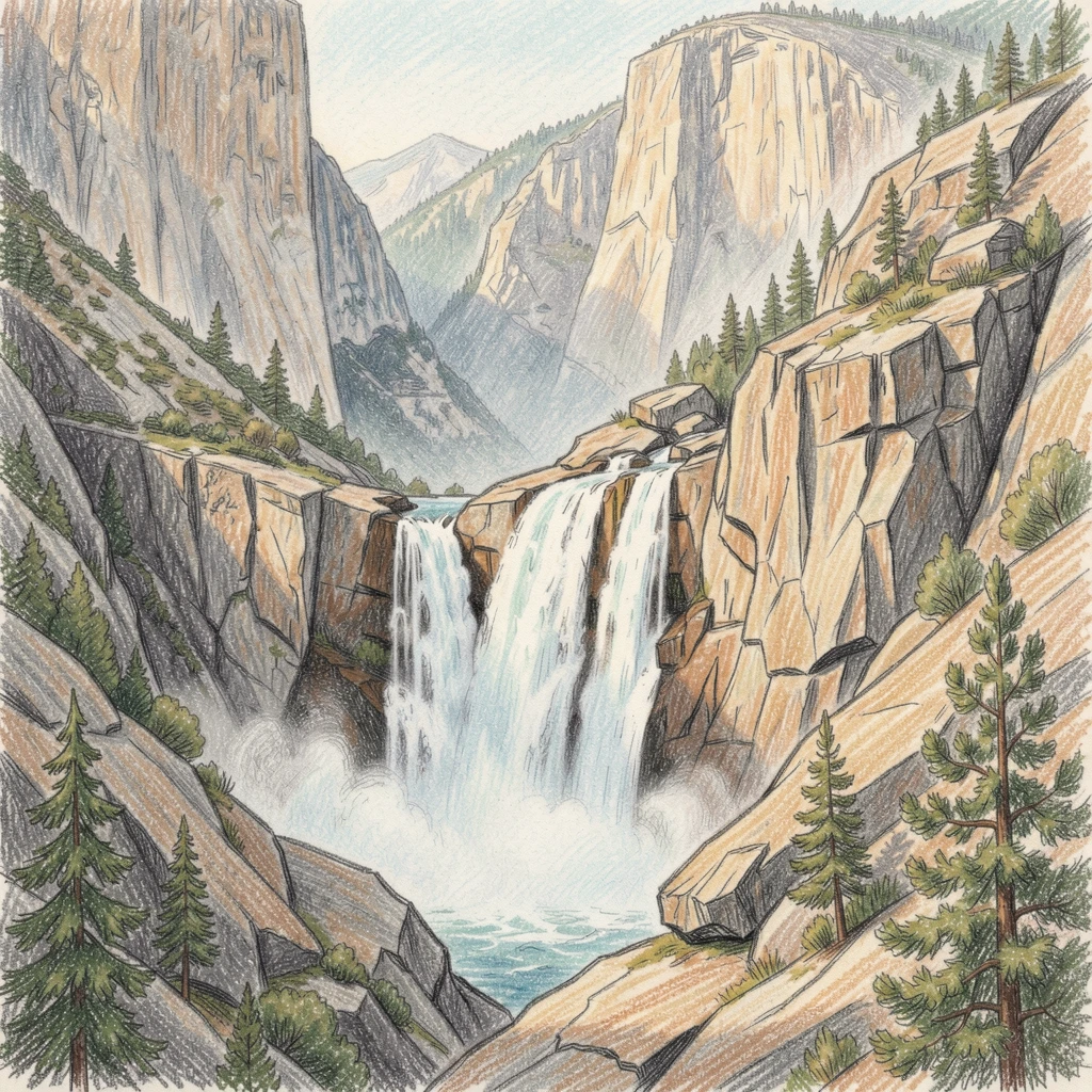 A Yosemite waterfall thundering into a misty granite valley, with soft, natural light bringing warmth to every detail, designed to feel inviting, memorable, and shareable.
