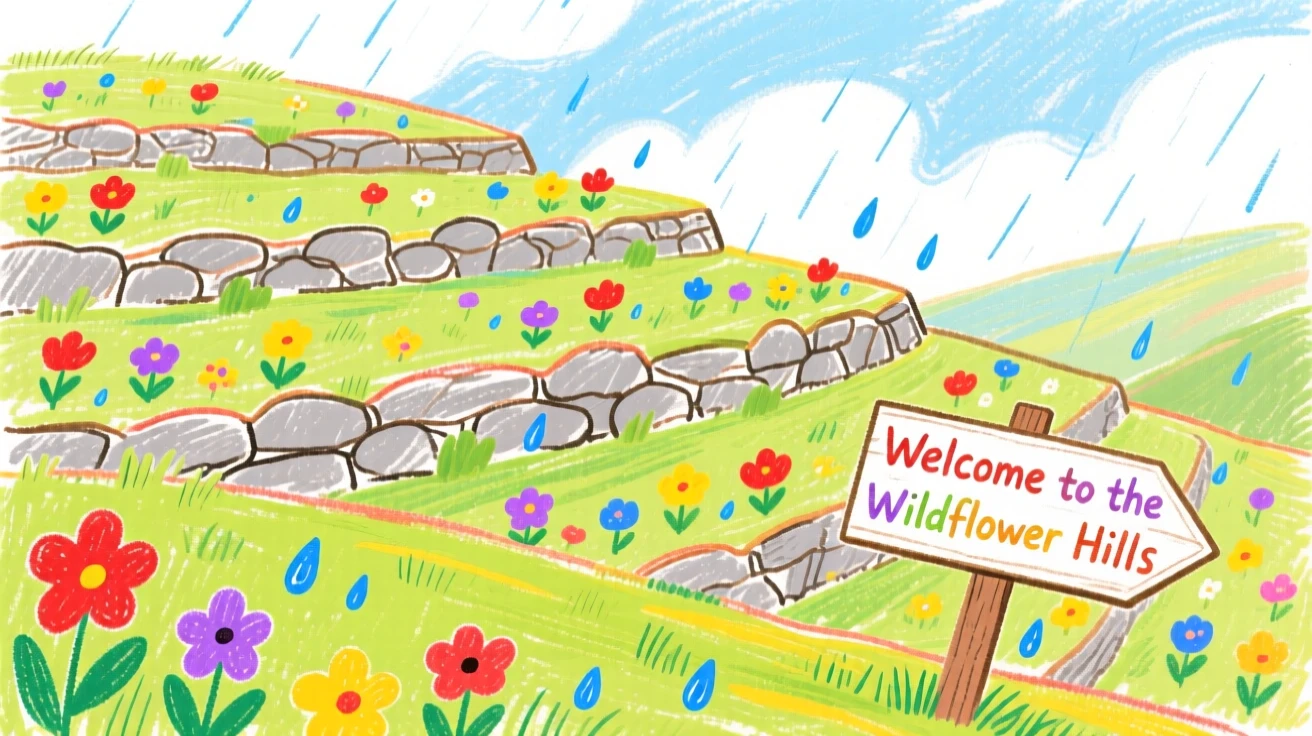 A view of a terraced hillside scattered with wildflowers after a spring rain.