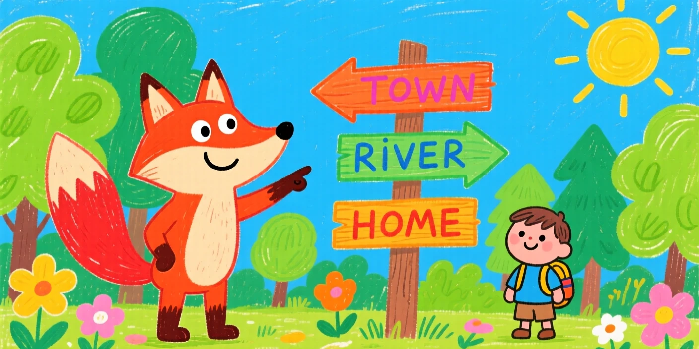 A talking fox giving directions to a lost traveler in the forest.