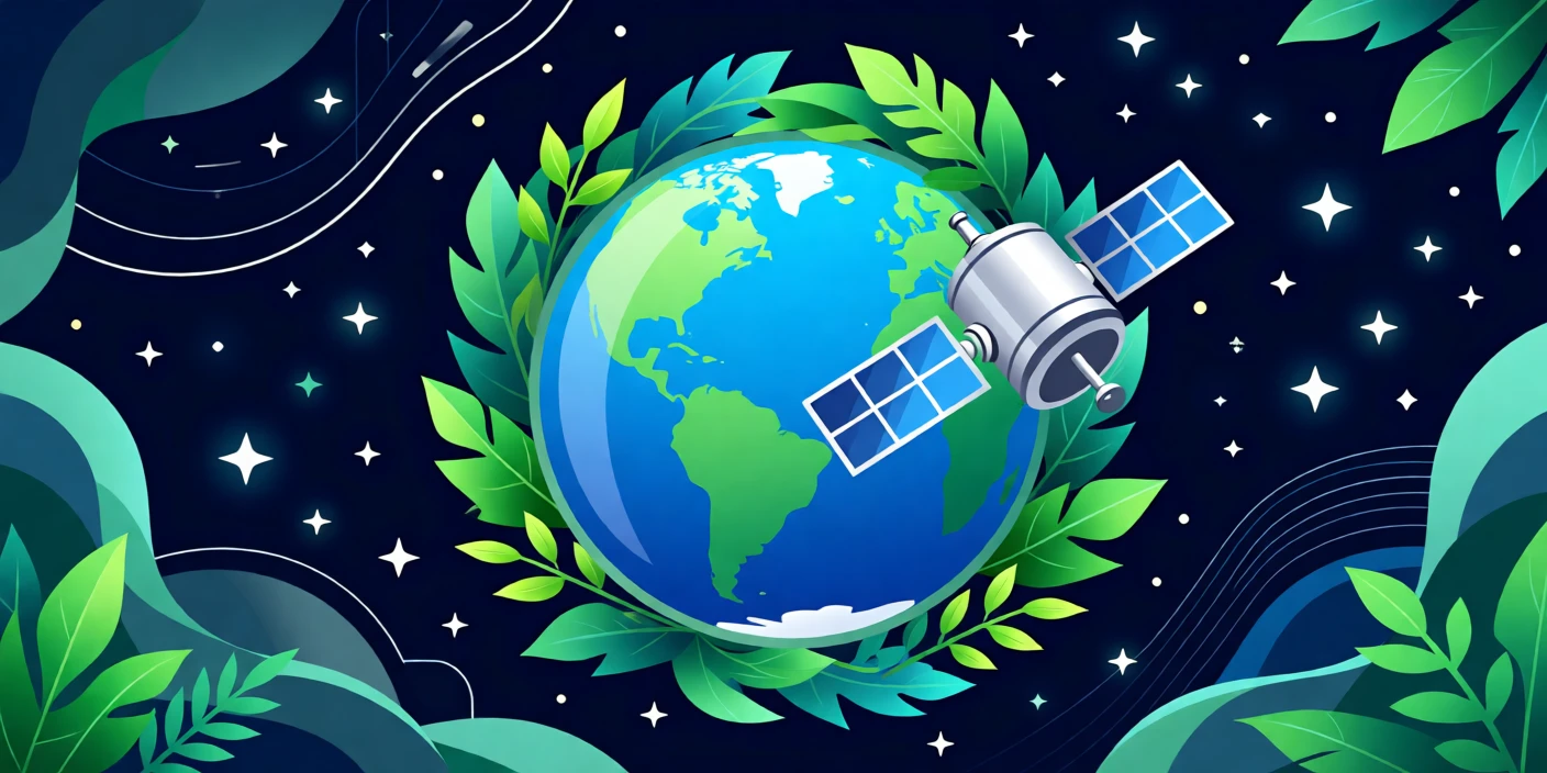 A satellite orbiting Earth against a backdrop of twinkling stars, surrounded by lush greenery blended with modern design, arranged with soft reflections adding a polished feel, with a subtle sense of wonder about future possibilities.