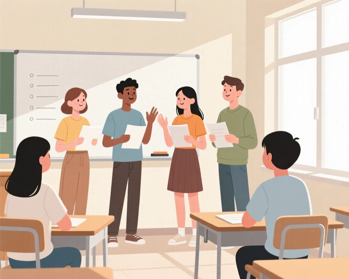 A group of students practicing a presentation in a bright classroom.