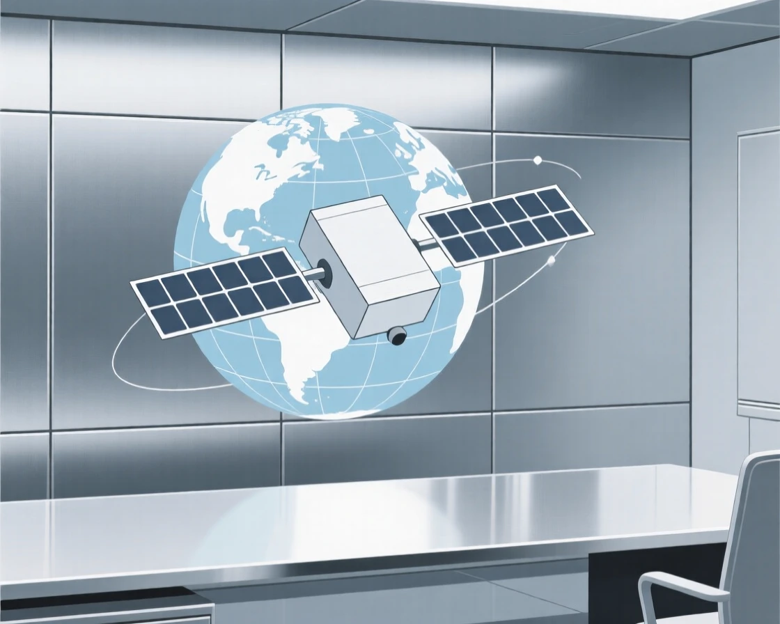 A view of satellite orbiting Earth operating within a minimalist tech office, near sleek metallic surfaces, evoking calm technological harmony.