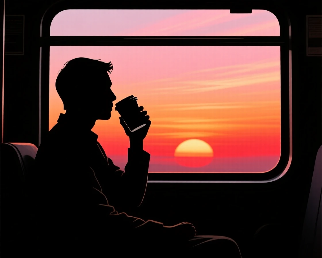 A commuter sipping coffee while watching the sunrise from a train window.