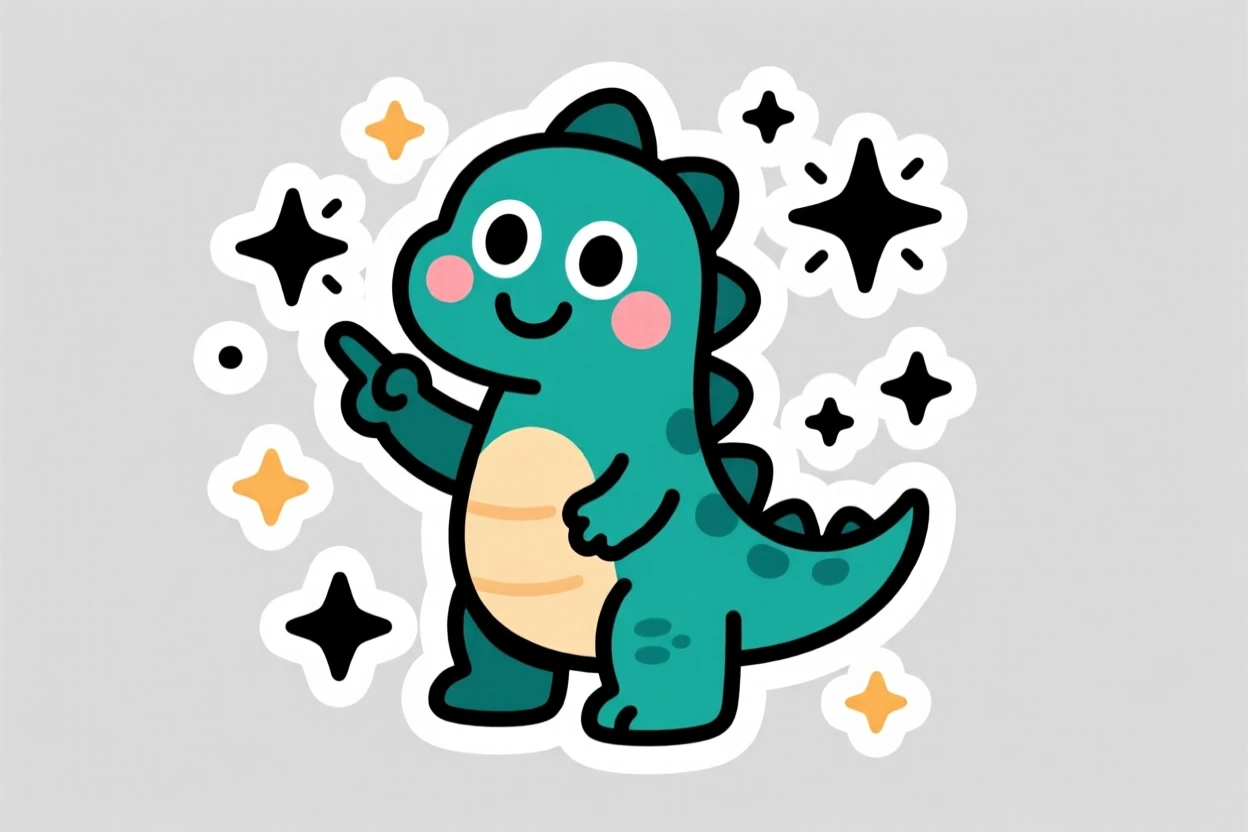A gently expressive cute dinosaur teaching kids fun facts, surrounded by sparkles of curiosity, made for curious young minds.