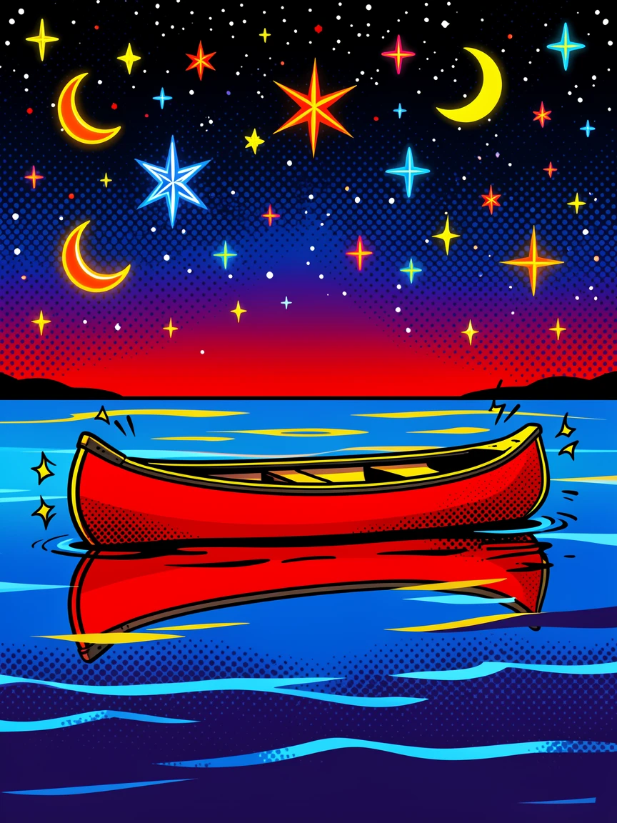 A canoe resting on a still lake beneath a starlit sky