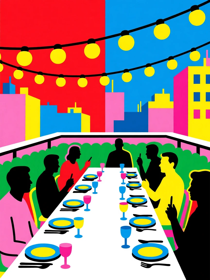 Rooftop garden dinner with fairy lights strung overhead