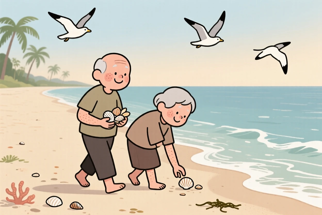 Waves roll gently onto a wide tropical beach where two old friends walk along the shoreline, collecting seashells as seagulls glide overhead.