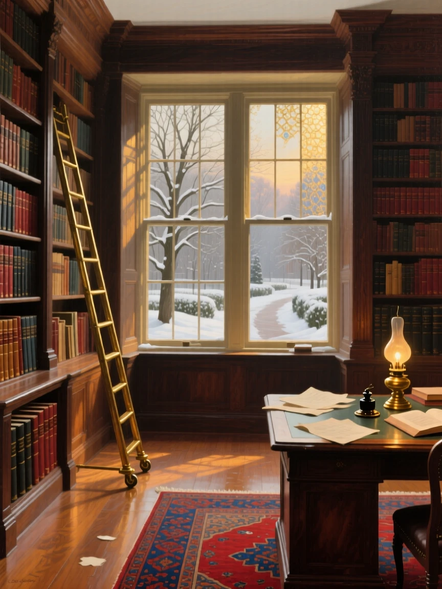 A balanced composition of a cozy library with towering shelves and a rolling ladder, sunlight streaming through tall windows, under a fresh blanket of winter snow.