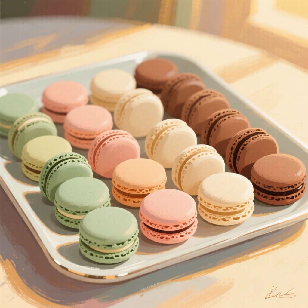 A tray of macarons arranged in neat rows of pastel colors
