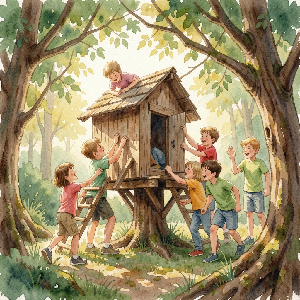 A group of children building a treehouse together surrounded by natural light.
