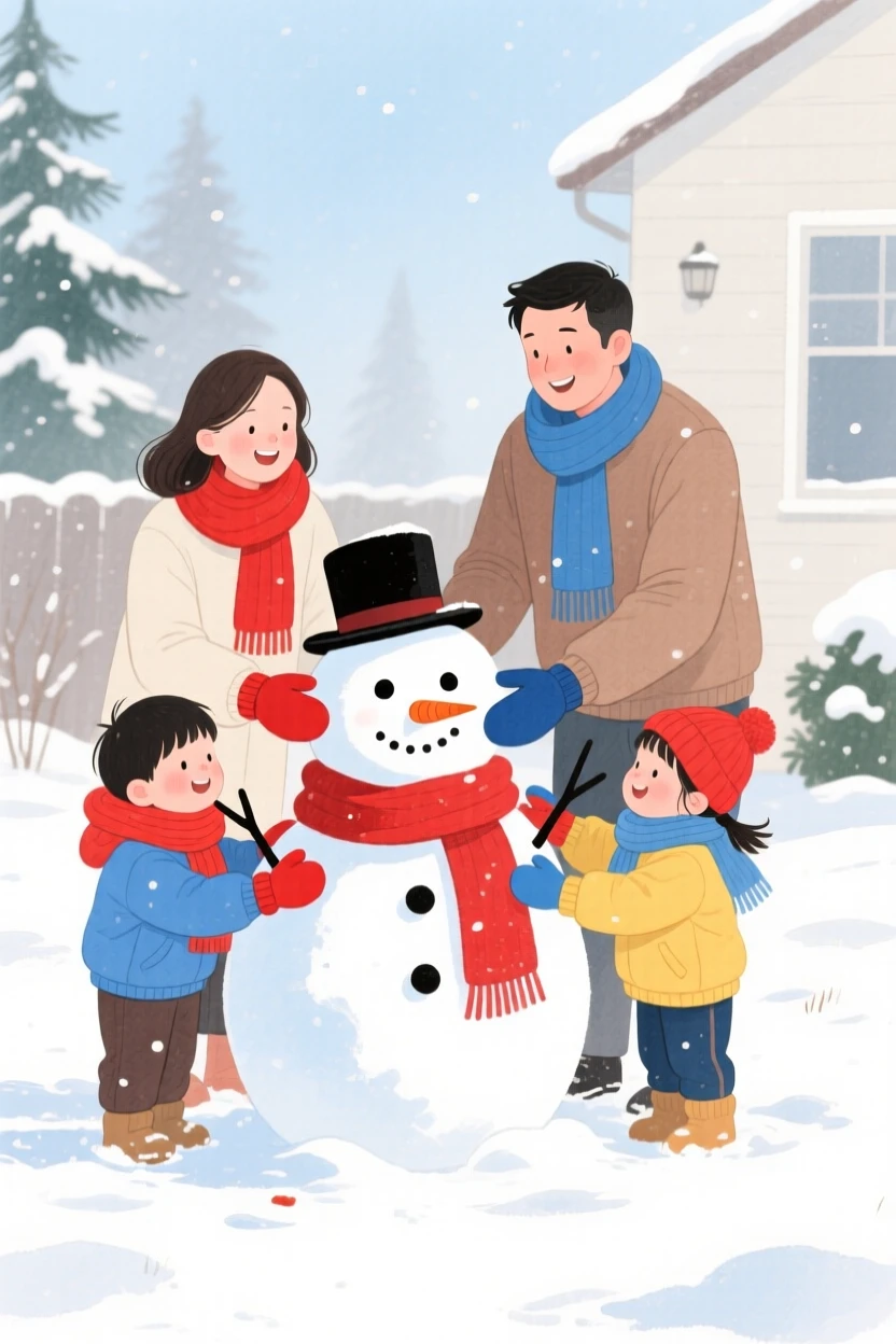 A family builds a snowman together in their front yard, scarves and mittens bright against the white snow