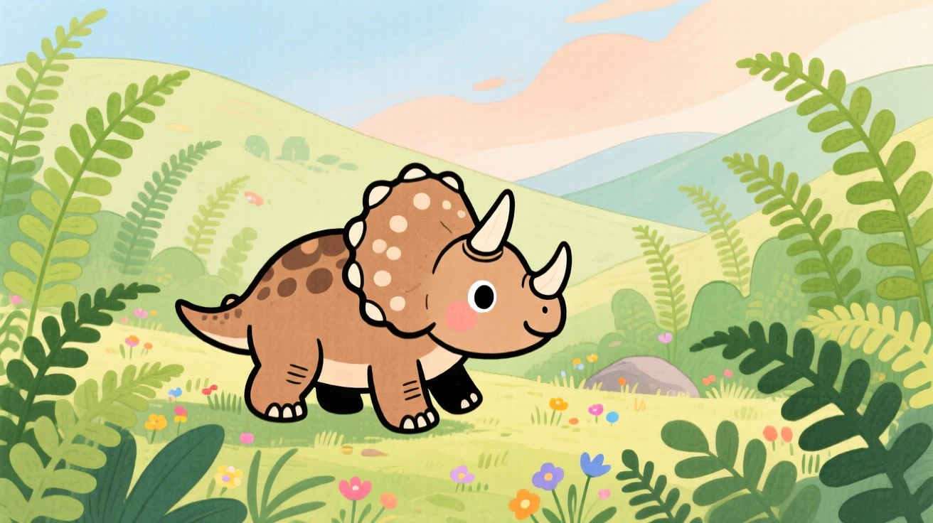 A vivid scene of a baby triceratops exploring a fern-filled valley.