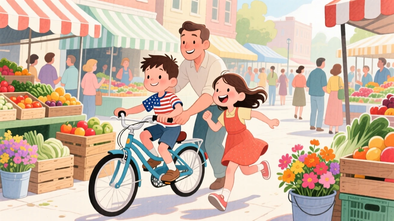 A pair of best friends, a boy and a girl learning to ride a bike with a parent's steady hand, in a farmers' market bustling with color, evoking a warm sense of nostalgia.