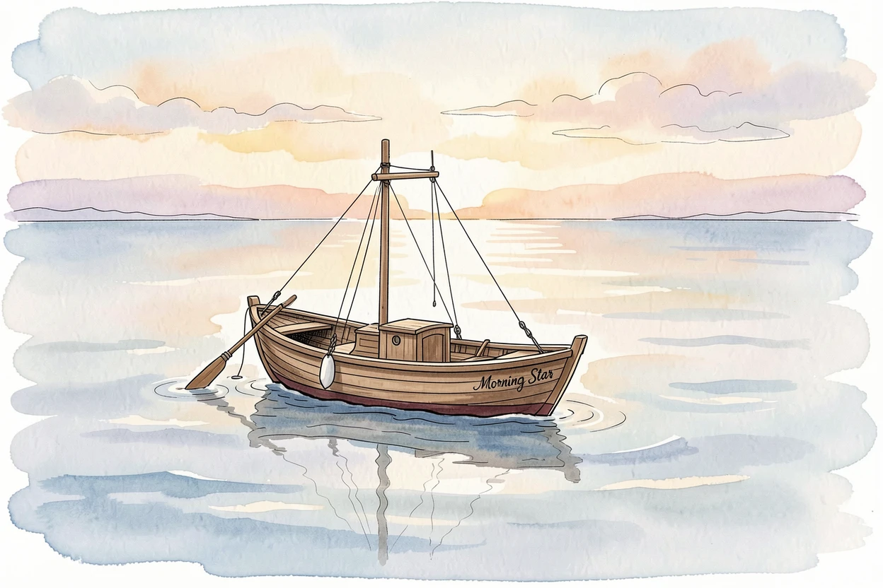A small boat setting out alone across a vast calm ocean at dawn, soft light breaking through to suggest new beginnings.