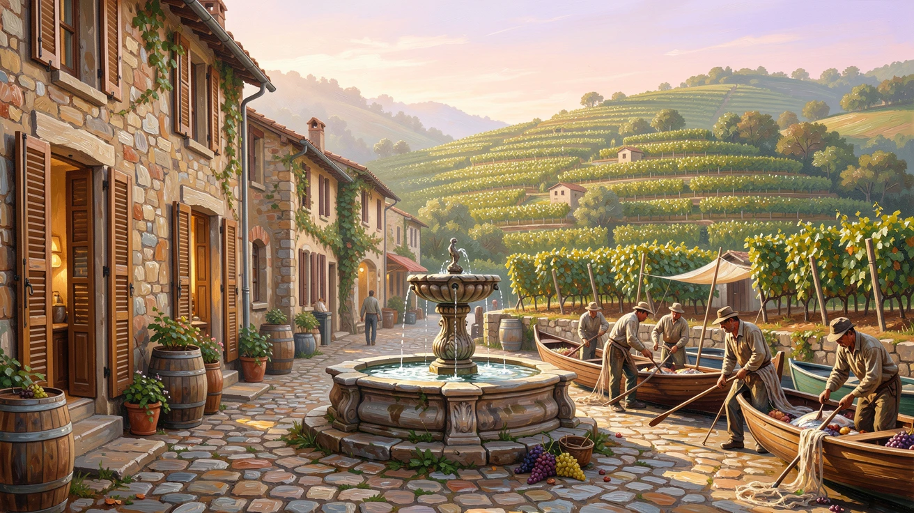 Surrounded by terraced vineyards, a cobblestone village square with a central fountain, fishermen unloading their catch at the harbor, in early morning, shopkeepers just opening their doors.