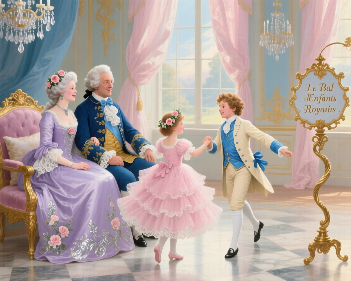 A royal couple watching their children dance in a ballroom  