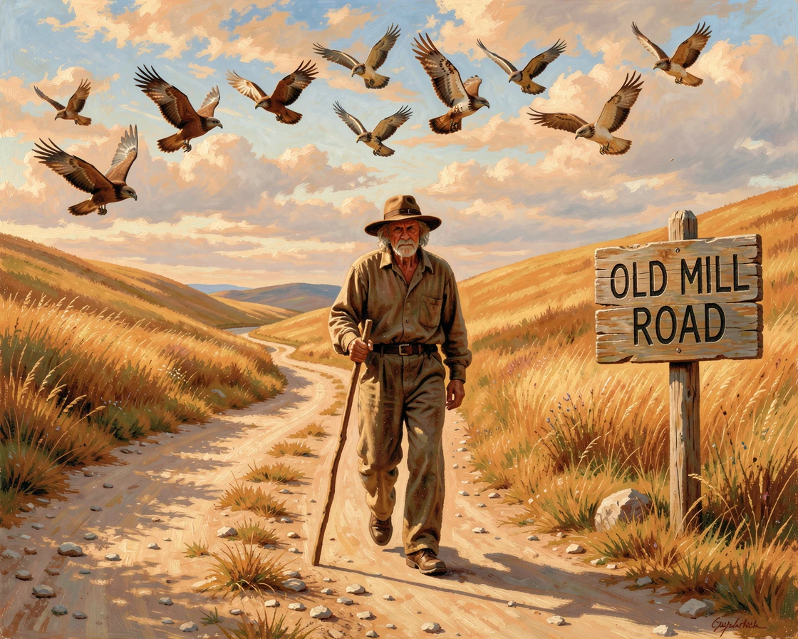 An old farmer crosses a dusty road winding through golden hills as birds wheel overhead.