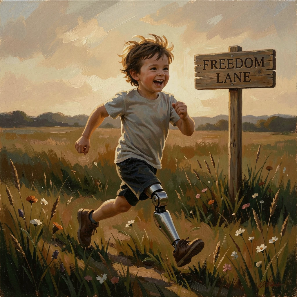 A child with a prosthetic leg running freely across a sunlit field, as the setting itself echoes the emotional weight of the scene, designed to inspire and uplift anyone who views it