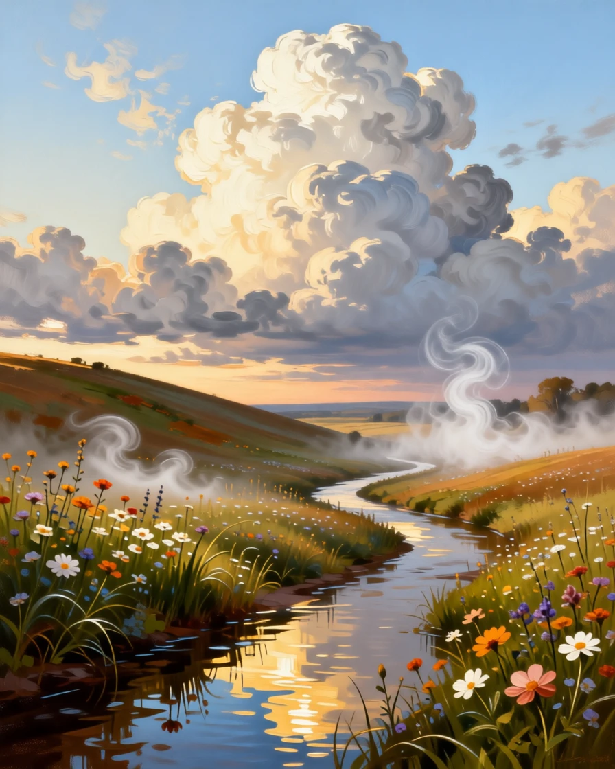 A rolling meadow dotted with wildflowers beneath a sky full of clouds captured in the fleeting stillness of a perfect moment, set beneath an expansive and ever-changing sky, with mist curling low along the ground in the cool morning air; a winding path or river leads the eye deep into the distance, capturing a fleeting, golden moment worth preserving forever.