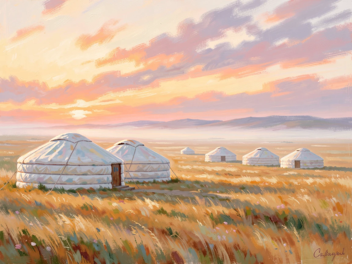 A traditional Mongolian steppe camp with round white gers scattered across an endless golden grassland, under a glowing sunset sky.