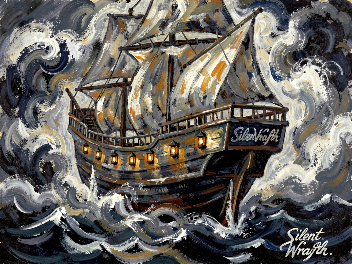 A ghostly ship sailing silently through fog, lanterns glowing faintly along its rails.
